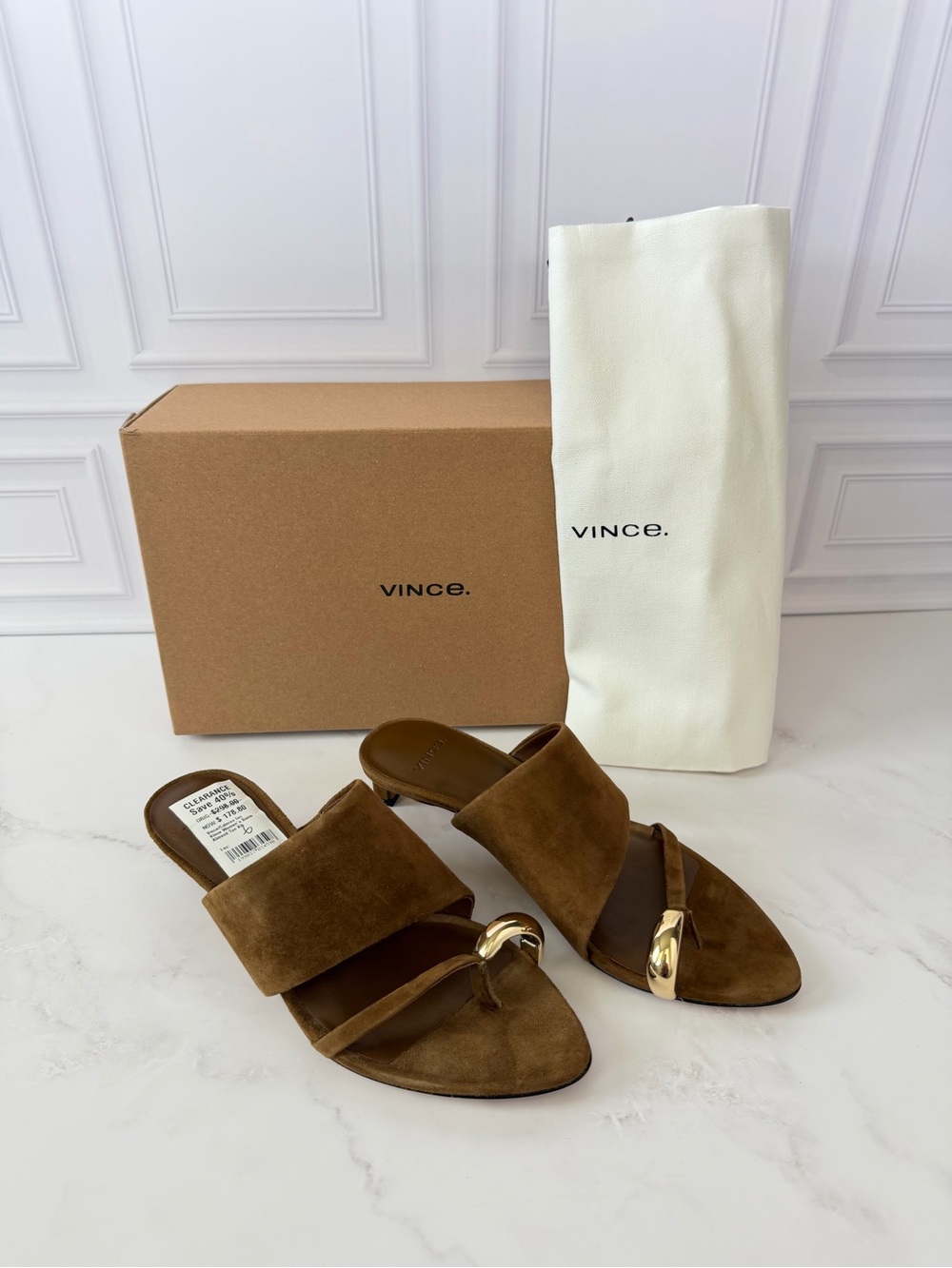Vince Suzie Elmwood Suede Toe Ring Mule Sandals Brown Gold Accent Size 6